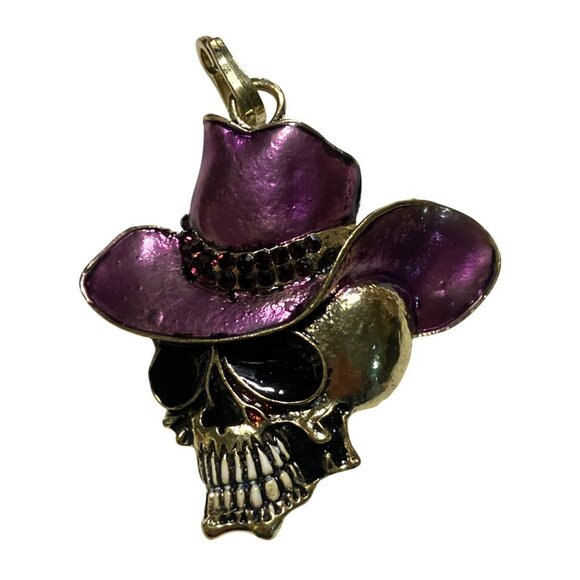 Purple Cowboy Hat Skull Pendant Necklace Charm Gold Tone Metal Rhinestone Accent - Picture 3 of 10